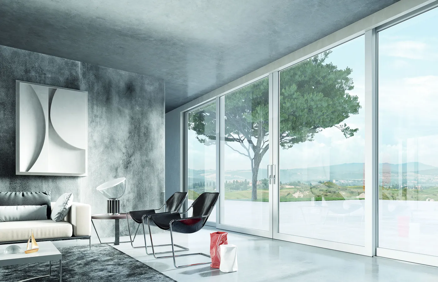 Grande finestra scorrevole in PVC vista dall'interno